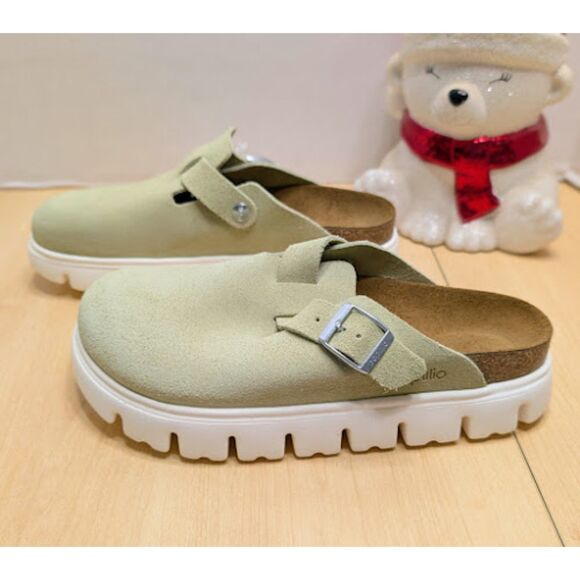 Birkenstock Papillio Boston Chunky Faded Lime Suede Leather Platform Clogs NWT - Picture 6 of 13